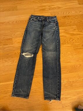 American Eagle Outfitters Dark Blue Straight-Leg Distressed Jeans